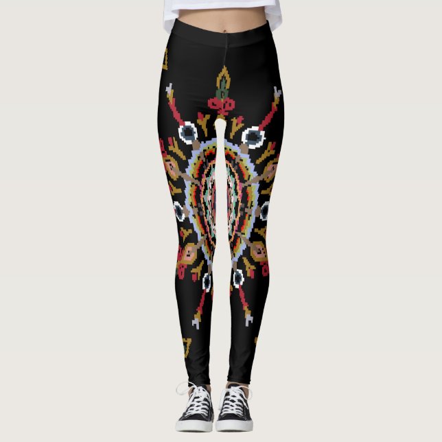 Ikat Damask Red Green Vintag Leggings (Vorderseite)