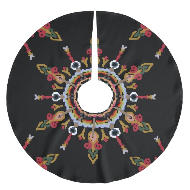 Ikat Damask Red Green Vintag Polyester Weihnachtsbaumdecke (Vorderseite)