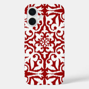 Ikat-Damast-Muster - Dunkelrot und Weiß iPhone 16 Hülle