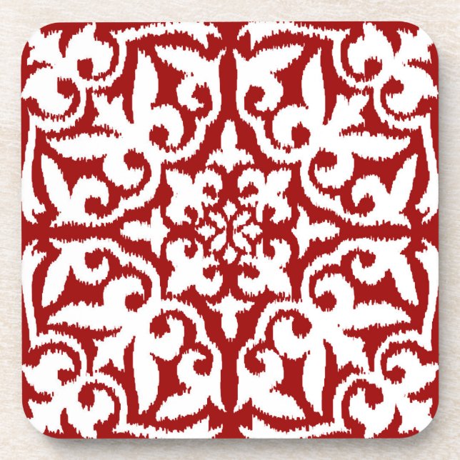 Ikat-Damast-Muster - Dunkelrot und Weiß Untersetzer (Vorderseite)