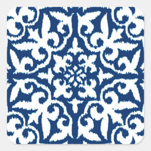 Ikat-Damast-Muster - Kobalt Blau und Weiß Quadratischer Aufkleber