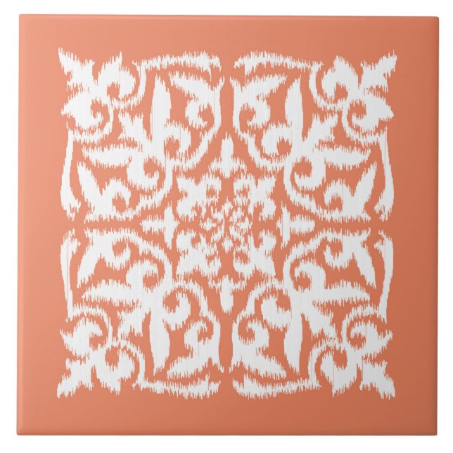 Ikat-Damast-Muster - Korallenorange und Weiß Fliese (Vorderseite)
