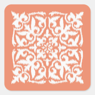 Ikat-Damast-Muster - Korallenorange und Weiß Quadratischer Aufkleber