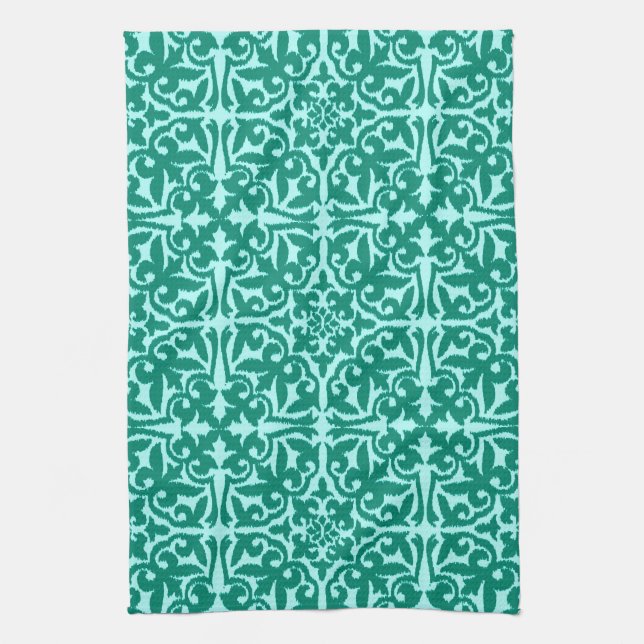 Ikat-Damast-Muster - Türkis und Aqua Geschirrtuch (Vertikal)