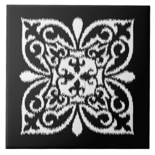 Ikat-Damast-Muster - weiß und schwarz Fliese