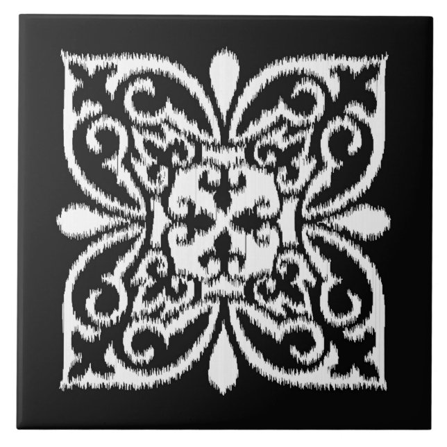 Ikat-Damast-Muster - weiß und schwarz Fliese (Vorderseite)