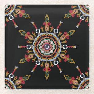 Ikat Damast Rot Grün Vintage Glasuntersetzer