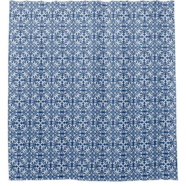 Ikat Damastmuster - Kobalt-Blau und Weiß Duschvorhang (Vorderseite)