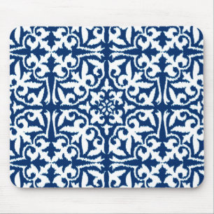 Ikat Damastmuster - Kobalt-Blau und Weiß Mousepad