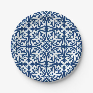Ikat Damastmuster - Kobalt-Blau und Weiß Pappteller