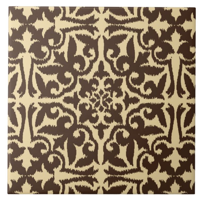 Ikat-Damastmuster - Schokolade braun und Tan Fliese (Vorderseite)