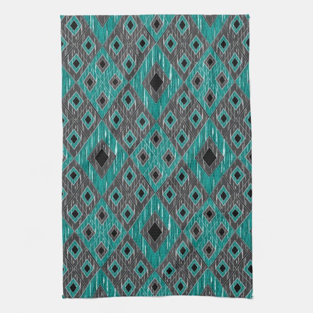 Ikat Diamond Pattern - Aquamarin Black Küchentuch (Vertikal)