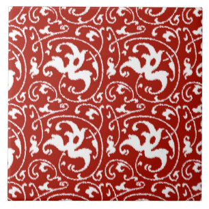 Ikat Floral Damask - Dunkelrot und Weiß Fliese