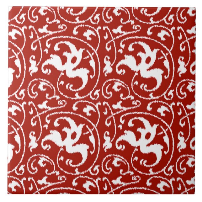Ikat Floral Damask - Dunkelrot und Weiß Fliese (Vorderseite)