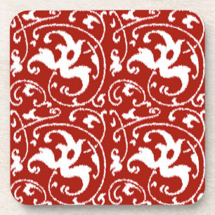 Ikat Floral Damask - Dunkelrot und Weiß Getränkeuntersetzer