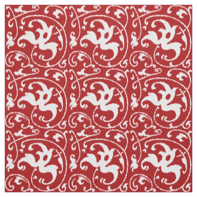 Ikat Floral Damask - Dunkelrot und Weiß Stoff (Muster)