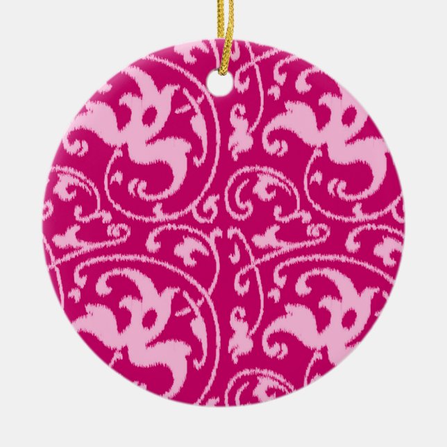 Ikat Floral Damask - Fuchsia und Pink Keramik Ornament (Vorne)
