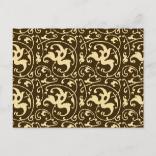 Ikat Floral Damask - Schokoladenbraun und Tan Postkarte