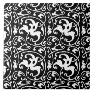 Ikat Floral Damask - Schwarz und Weiß Fliese