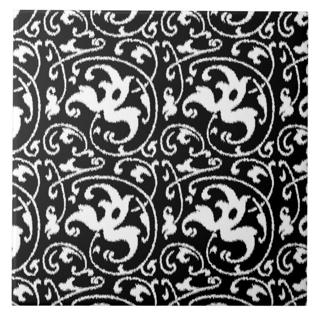 Ikat Floral Damask - Schwarz und Weiß Fliese (Vorderseite)