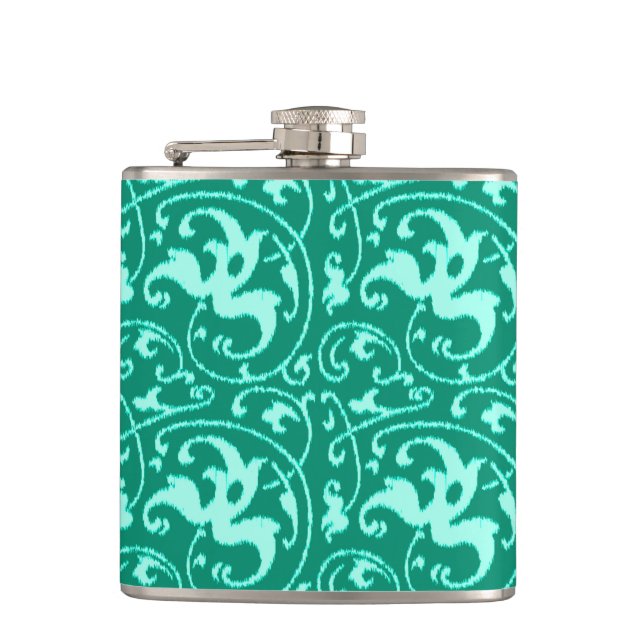 Ikat Floral Damask - Türkis und Aqua Flachmann (Vorderseite)