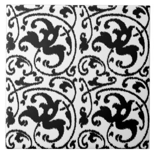 Ikat Floral Damask - Weiß und Schwarz Fliese