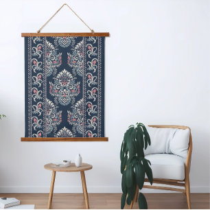 Ikat floral Muster Weiß Pink Blau Wandteppich Mit Holzrahmen