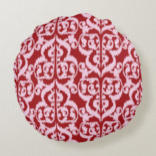 Ikat Maurische Damaske - dunkelrot und rosa Rundes Kissen