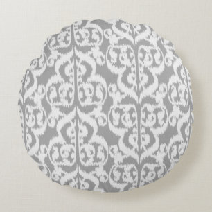 Ikat Maurische Damaske - silbergraue und weiße Rundes Kissen