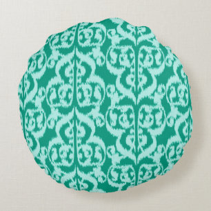 Ikat Maurische Damast - Pfau und Aqua Rundes Kissen
