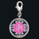 Ikat-Monogramm Charm<br><div class="desc">Ein Geschenk,  das in der Mitte mit dem Monogramm in rosa Kreis personalisiert werden kann.  Hintergrund ist marineblau und weiß kat Muster.</div>