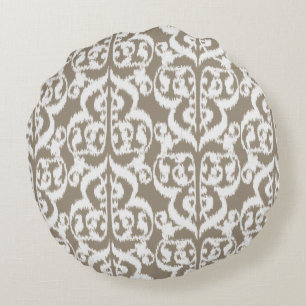 Ikat Moorish Damask - taubbraun und weiß Rundes Kissen