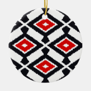 Ikat-Muster - Dunkelrot, Schwarz und Weiß Keramikornament