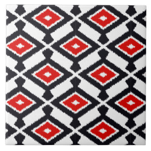 Ikat Muster - dunkelrot, Schwarzweiss Fliese