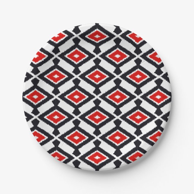 Ikat Muster - dunkelrot, Schwarzweiss Pappteller (Vorderseite)