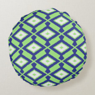 Ikat-Muster - Grün, Indigo-Blau und Weiß Rundes Kissen