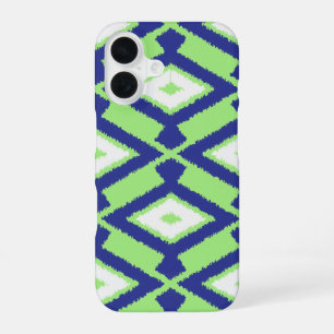 Ikat-Muster - Grün, Indigoblau und Weiß iPhone 16 Hülle