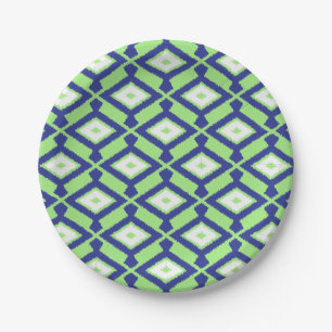 Ikat-Muster - Grün, Indigoblau und Weiß Pappteller