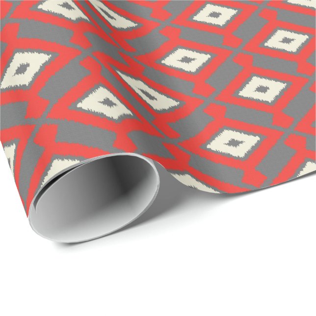 Ikat Muster - Rot, Grau und Beige Geschenkpapier (Rolleneckpunkt)