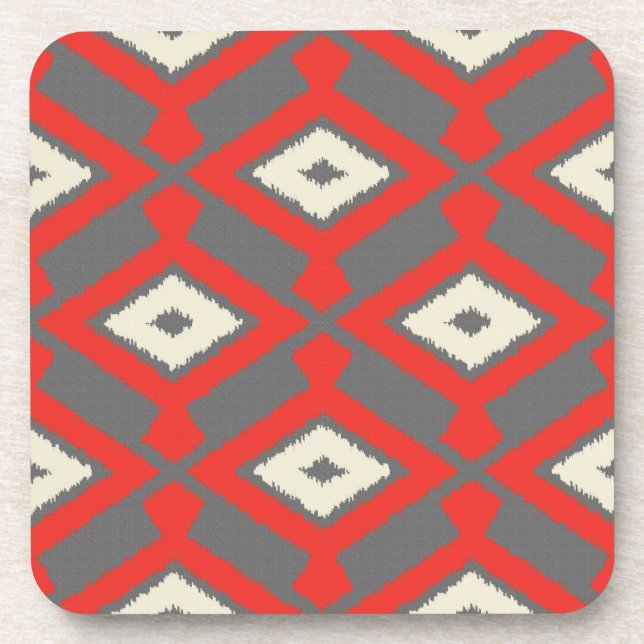 Ikat Muster - Rot, Grau und Beige Getränkeuntersetzer (Vorderseite)