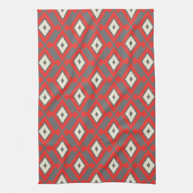 Ikat Muster - Rot, Grau und Beige Handtuch (Vertikal)