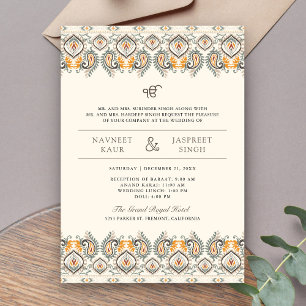Ikat Paisley Border Creme Anand Karaj Sikh Hochzei Einladung