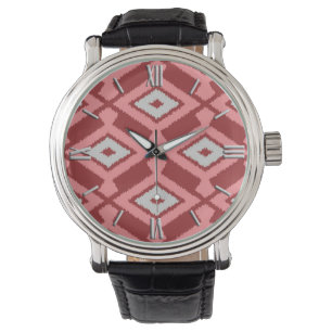 Ikat Pattern - Burgund, Grau und Korallen Armbanduhr