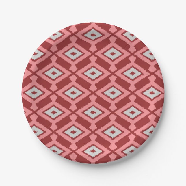 Ikat Pattern - Burgund, Grau und Korallen Pappteller (Vorderseite)