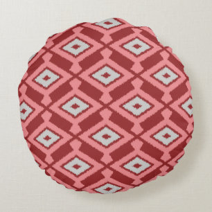 Ikat Pattern - Burgund, Grau und Korallen Rundes Kissen