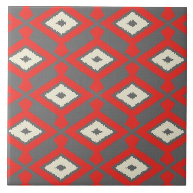 Ikat Pattern - Rot, Grau und Beige Fliese (Vorderseite)