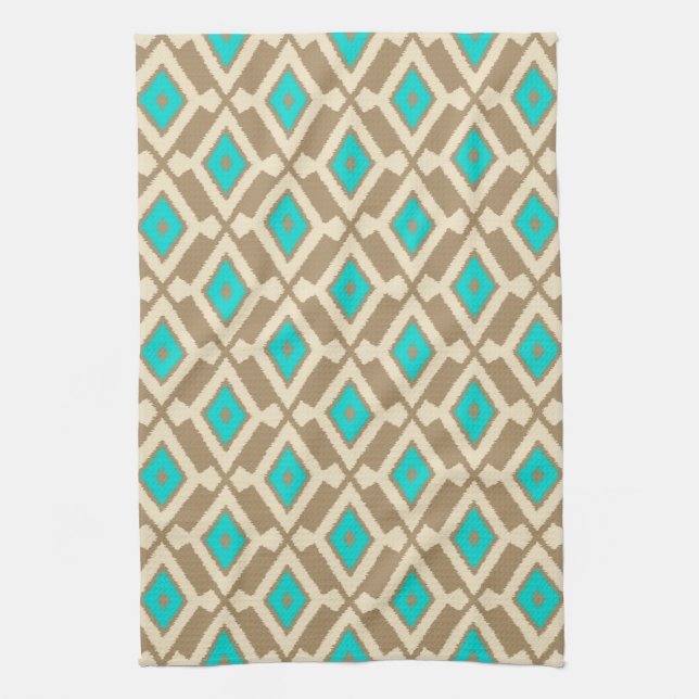 Ikat Pattern - Türkis, Taupe und Beige Geschirrtuch (Vertikal)