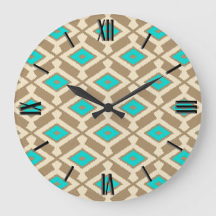 Ikat Pattern - Türkis, Taupe und Beige Große Wanduhr