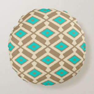 Ikat Pattern - Türkis, Taupe und Beige Rundes Kissen