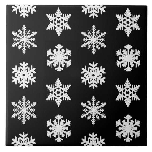 Ikat-Schneeflocken - Schwarzweiß Fliese (Vorderseite)
